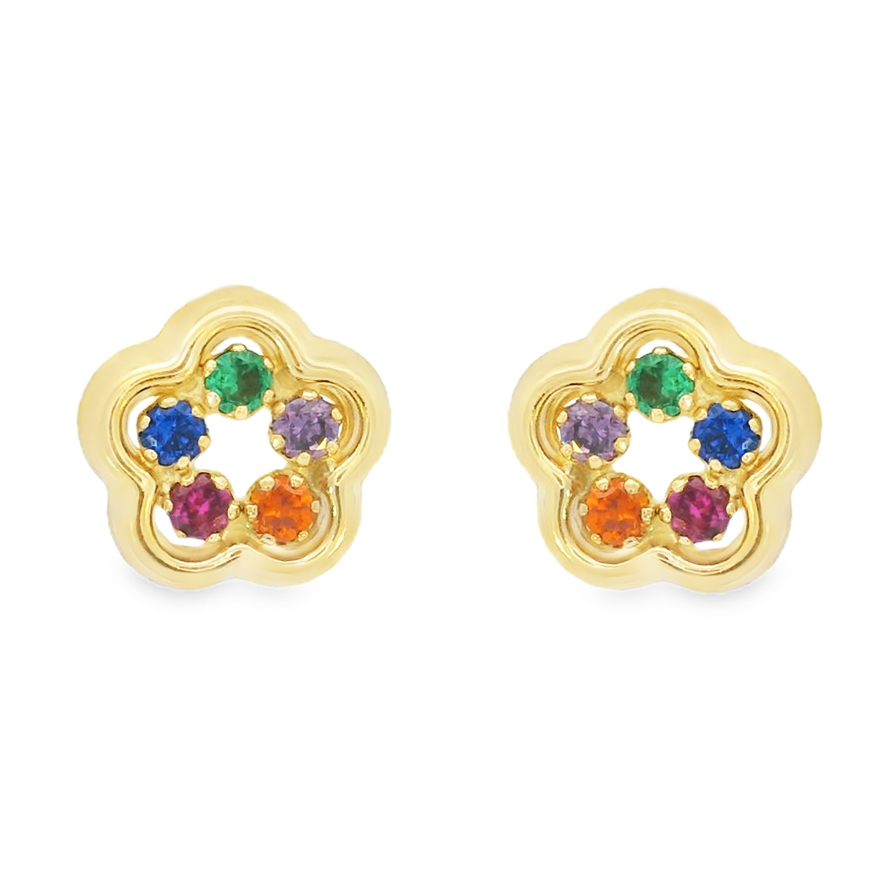 Златни обици на винт цвете с цветни камъни