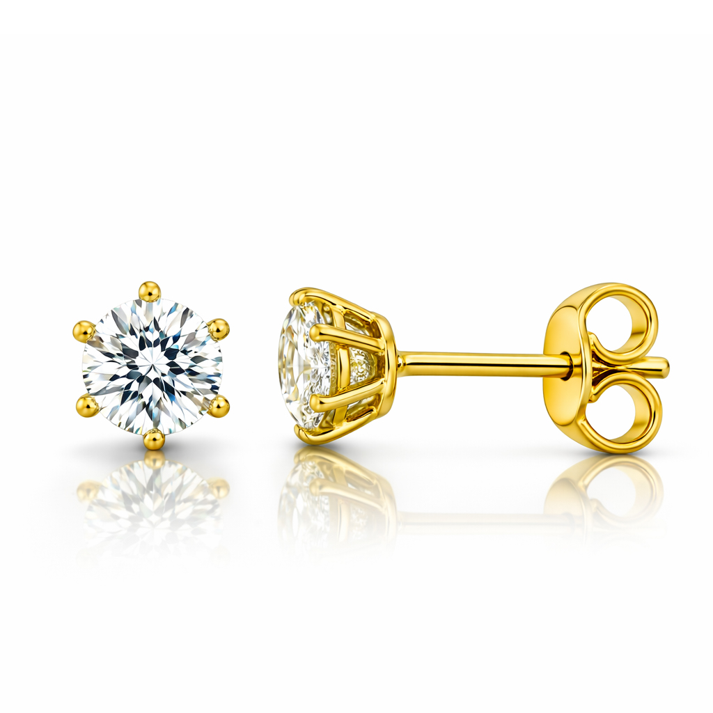 Златни обици с един камък от жълто злато със шест зъба или щифта