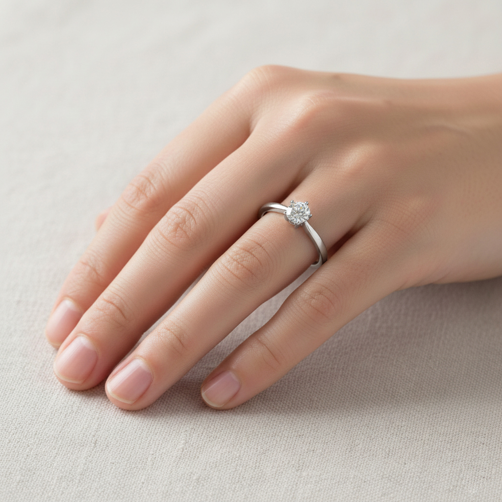 Годежен златен пръстен от бяло злато с един камък с пет зъба NI|KOL