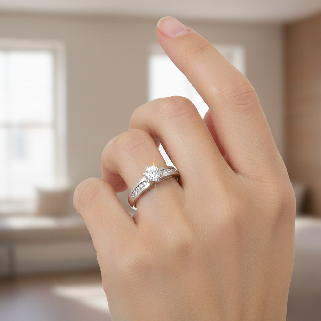 Златен годежен пръстен от бяло злато с един централен камък със 6 щифта и 5 странизчни