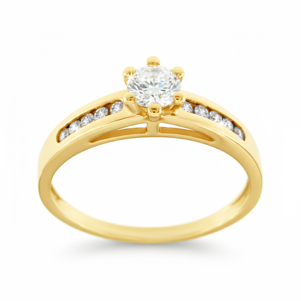 Златен годежен пръстен от жълто злато с един централен камък със 6 щифта и 5 странизчни