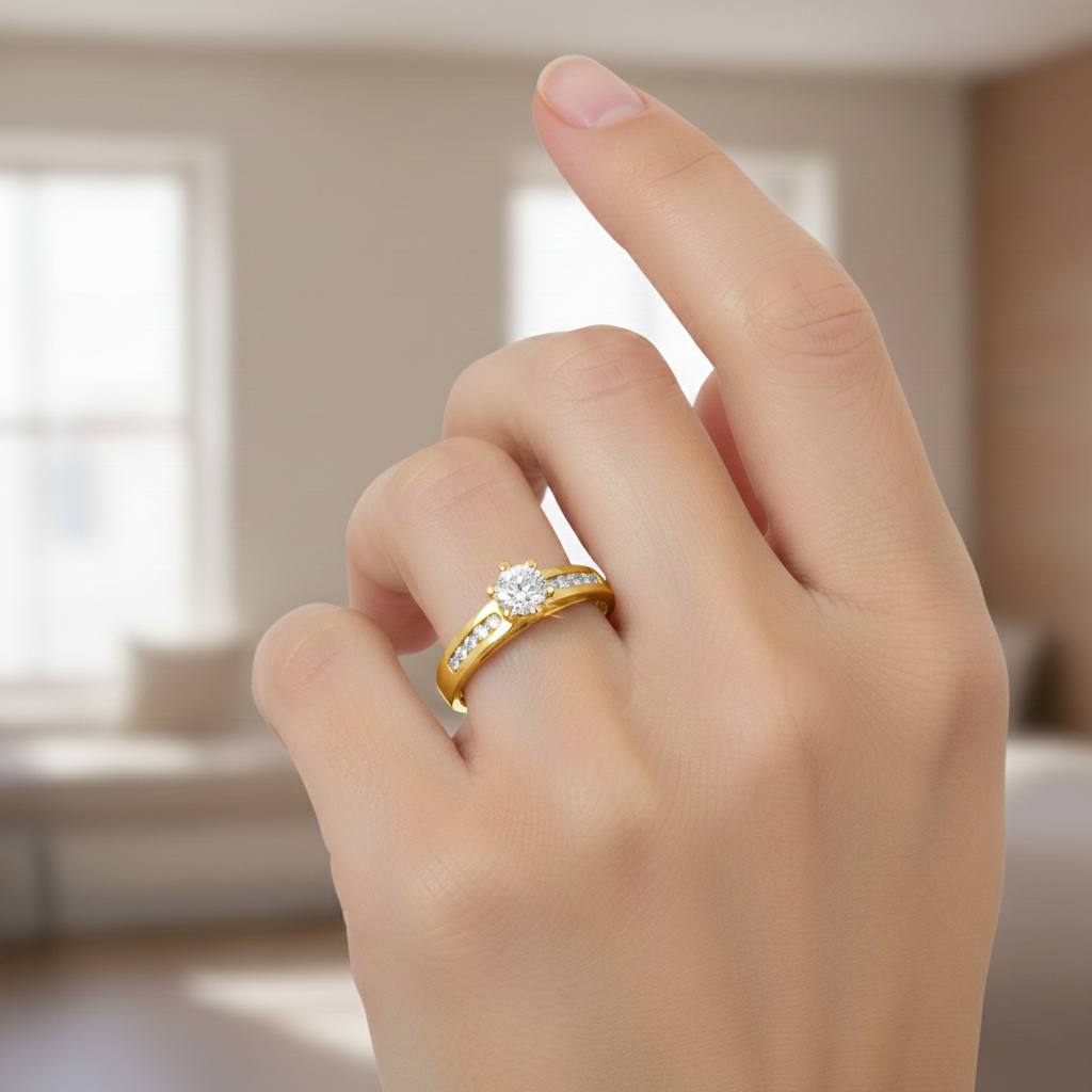 Златен годежен пръстен от жълто злато с един централен камък със 6 щифта и 5 странизчни