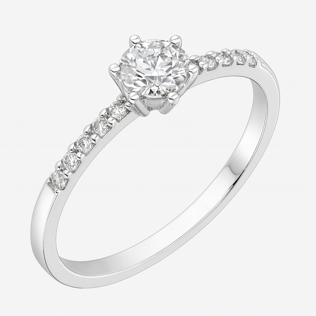 Класичесни нежен златен пръстен от жълто злато с камък с три зъба и странизни камъни