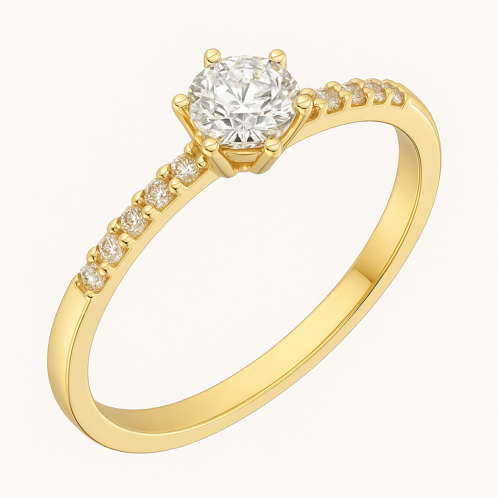 Класичесни нежен златен пръстен от жълто злато с камък с три зъба и странизни камъни