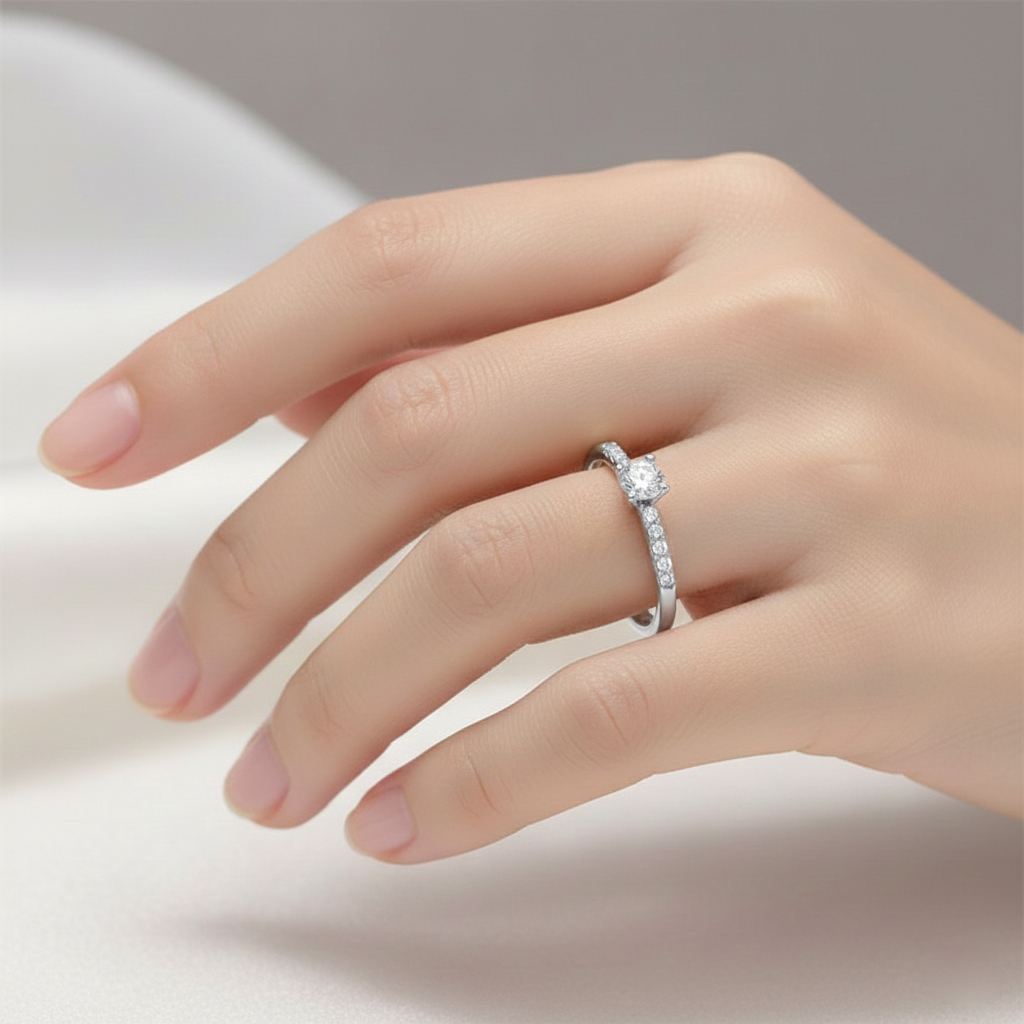 златен годежен пръстен от бяло злато с централен камък и странични камъни