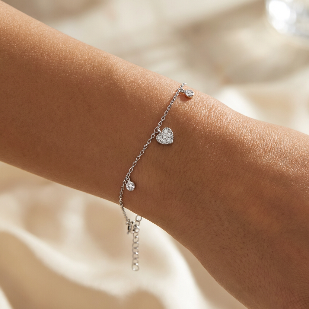 Бяло злато нежна гривна с висящи елементи сърце и камъчета с циркон