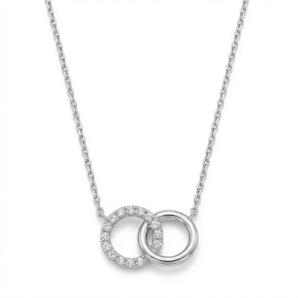 Двулицево нежно златно колие от бяло злато с два кръга с циркон и без камъни .