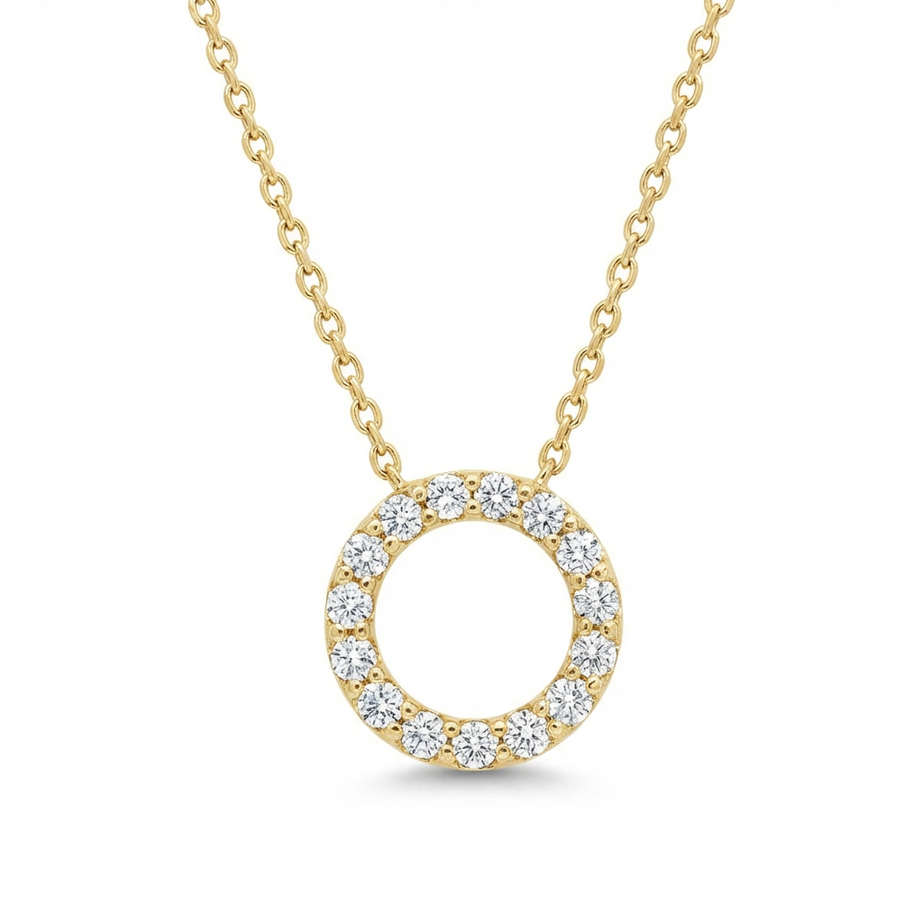 Колие жълто злато с кръг с камъни с циркон 3