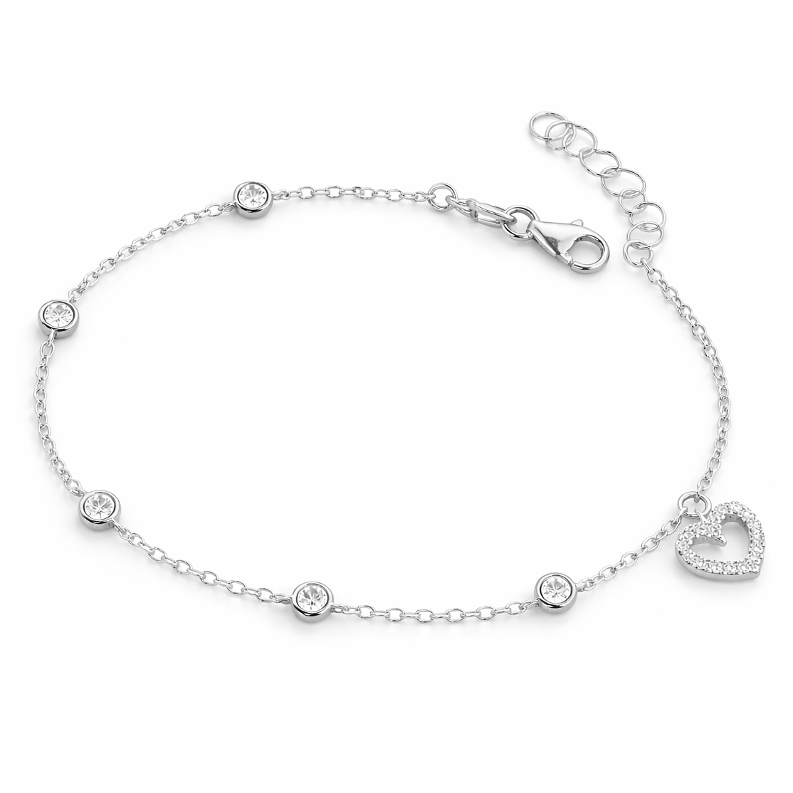 Нежна златна гривничка с камъни циркон и висяшо сърце от бяло злато