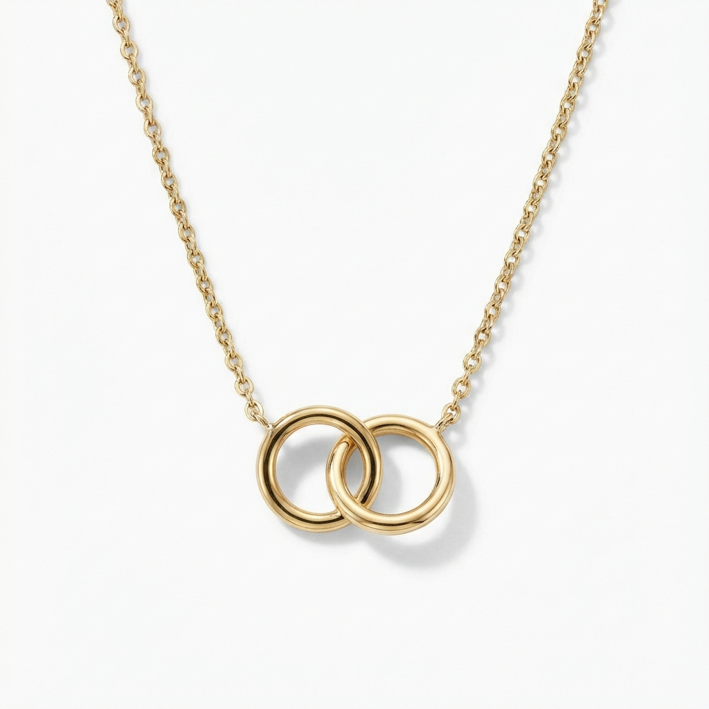 Нежно златно колие жълто злато с два кръга и камъни циркон 14карата злато.