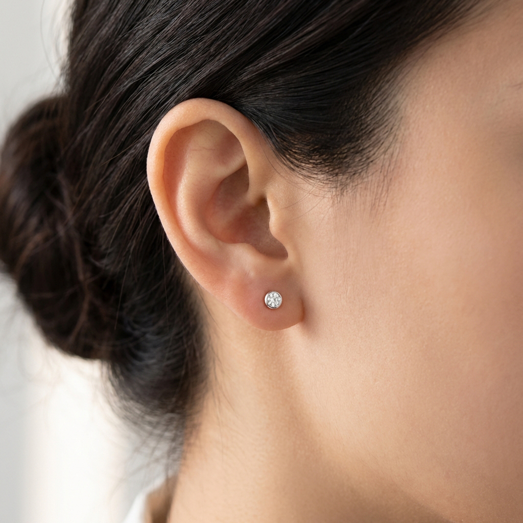 Обици солитер с един камък на винт от 14К бяло злато с циркон – модел тип „бейзел“