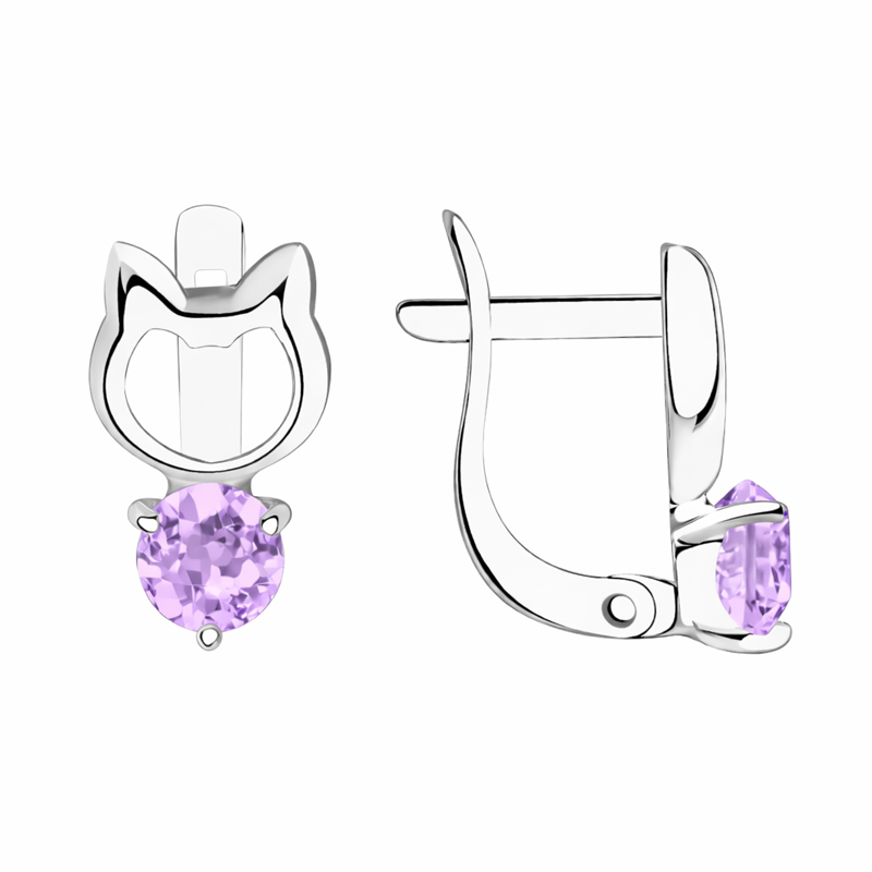 Детски обеци коте от бяло злато с цветен камък лилав циркон