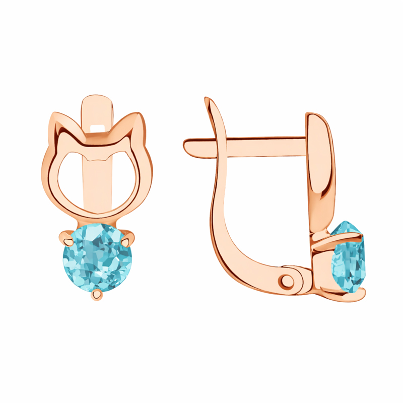 Детски обеци коте от розово злато с цветен камък аквамарин