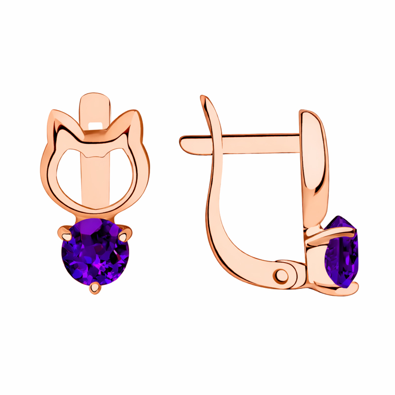 Детски обеци коте от розово злато с цветен камък аметист