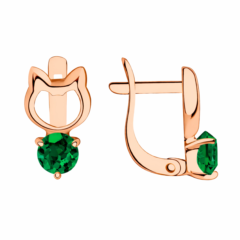 Детски обеци коте от розово злато с цветен камък изумруд