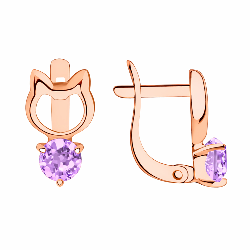Детски обеци коте от розово злато с цветен камък лилав циркон