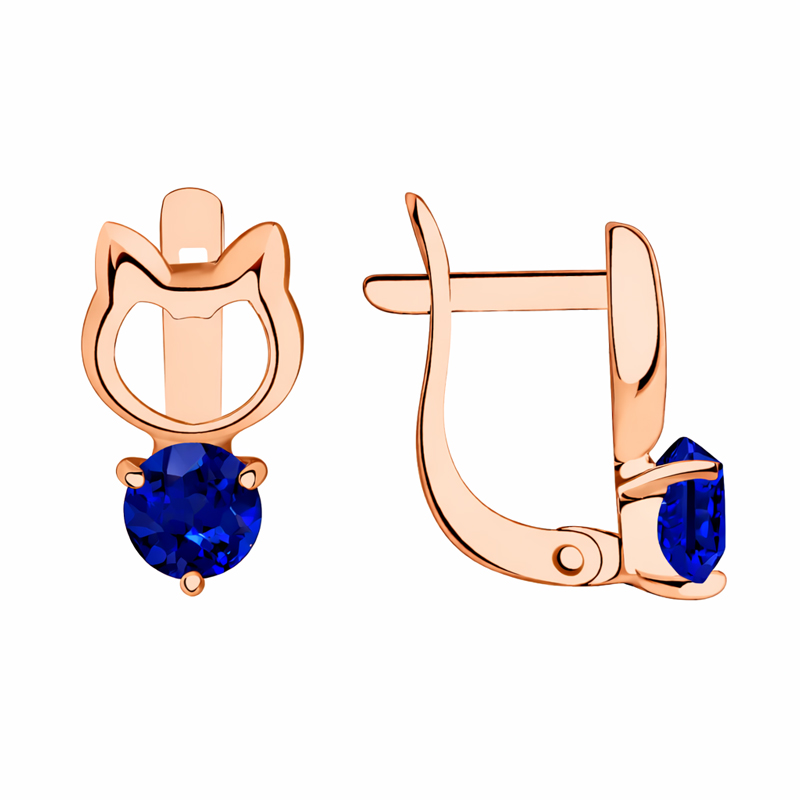 Детски обеци коте от розово злато с цветен камък сапфир