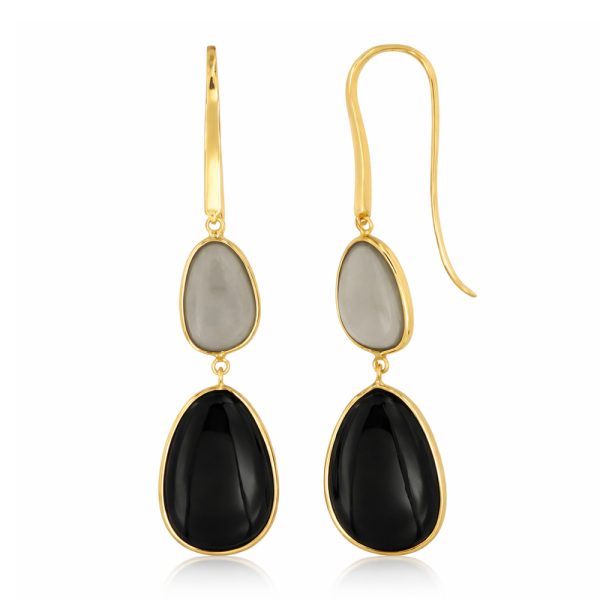 Златни висящи обеци с халцедон и оникс ÉLUNA Contrast
